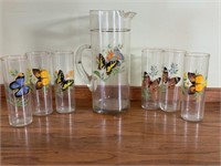Butterfly Pitcher & 6 Matching Glasses
