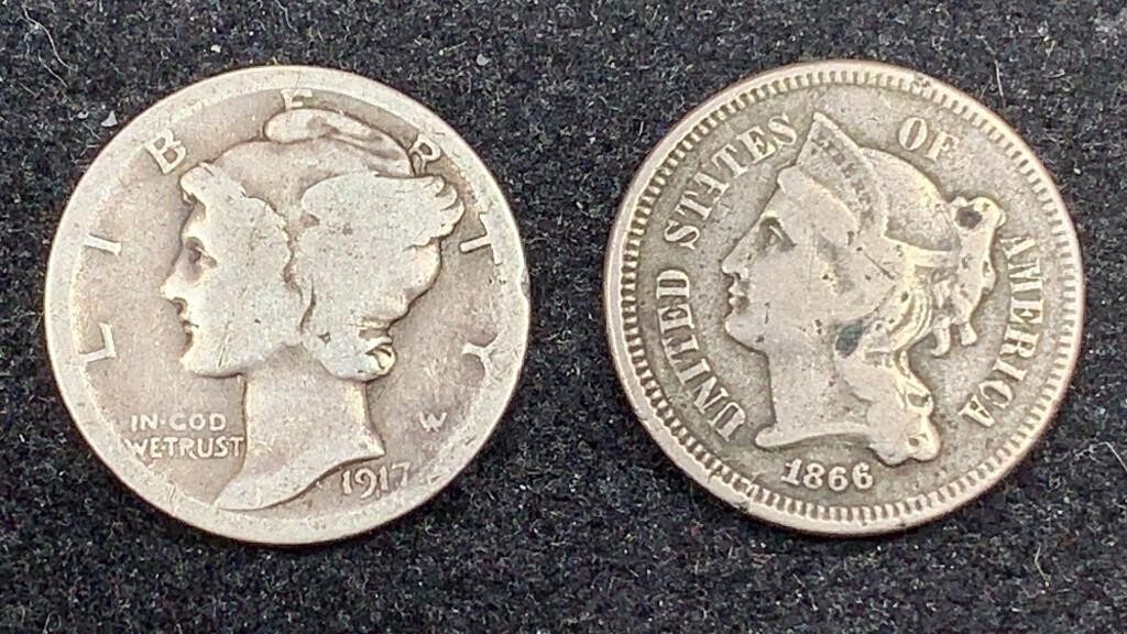 1866 Three Cents Nickel, 1917-D Silver Mercury