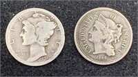 1866 Three Cents Nickel, 1917-D Silver Mercury