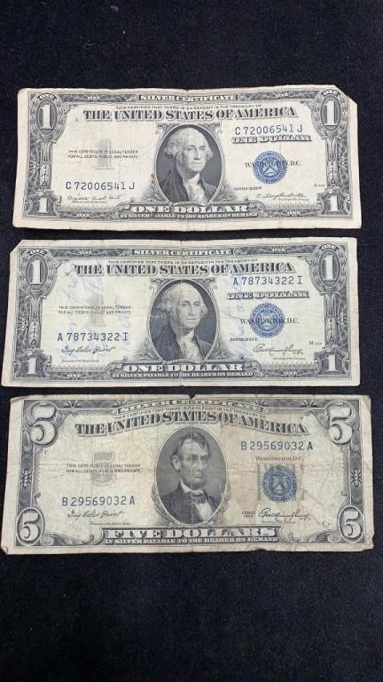 (3) Silver Certificate Currency: 1953 $5, 1935-E