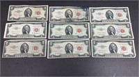 Currency: (9) 1953 $2 Red Seal United States