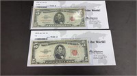 (2) Currency: 1953-B, 1963 $5 Red Seal United