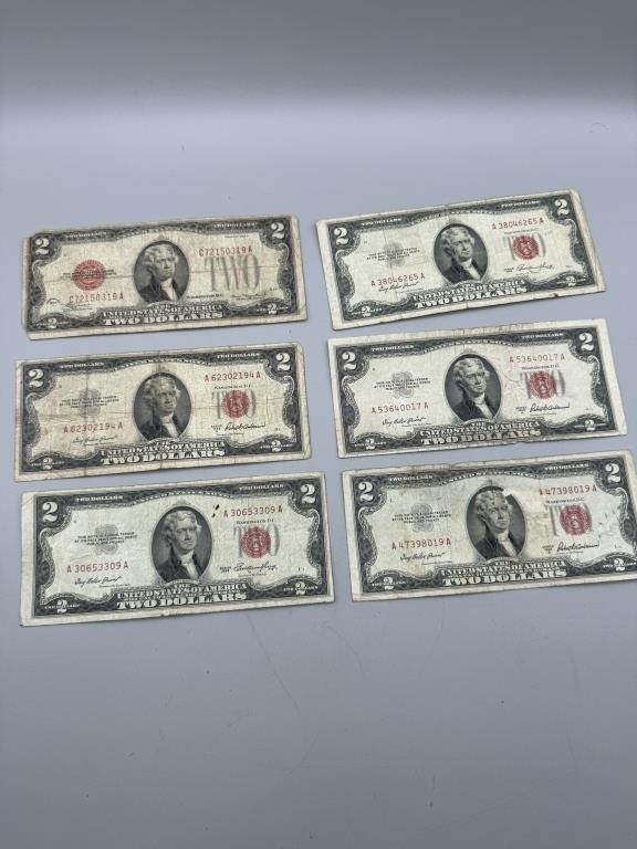 5 1953 Red Seal $2 Bills, 1928 Red Seal $2 Bill