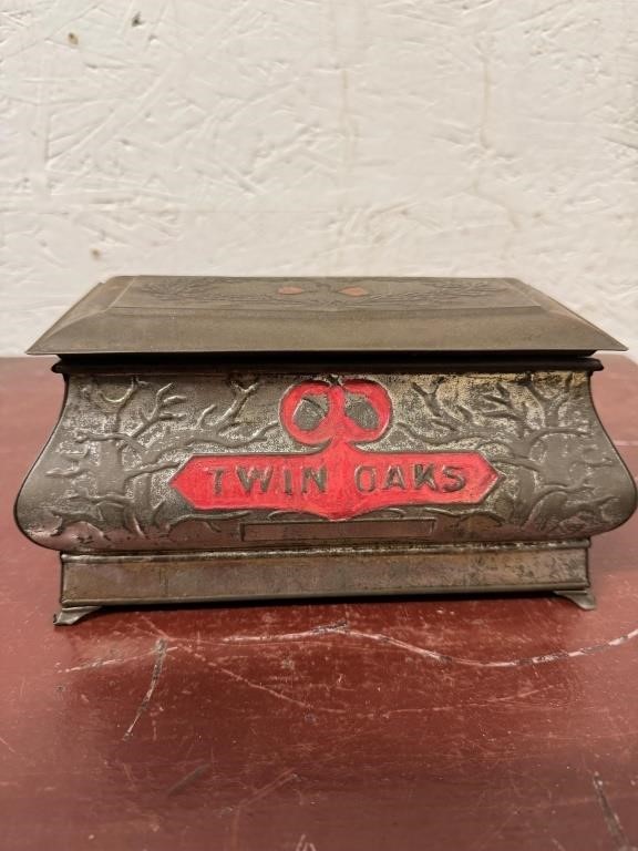 Antique Twin Oaks Casket Tobacco Humidor Tin