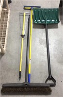 Broom, shovel, rake & rubber scrubber