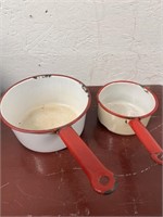 2 Vintage  Red & White Enamel Pots
