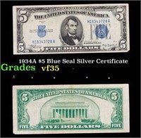 1934A $5 Blue Seal Silver Certificate Grades vf++