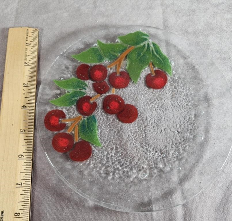 FUSED ART GLASS CHERRY PLATE 8"