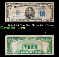 1934A $5 Blue Seal Silver Certificate Grades vf, v