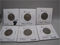 Lot of 6 1915 Buffalo Nickels