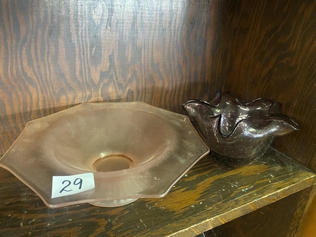 Purple Art Glass Bowl and Pink Pedestal Bowl
