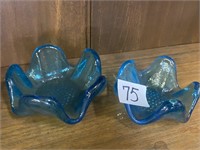 2 Turquoise art glass candle holders