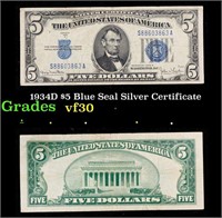 1934D $5 Blue Seal Silver Certificate Grades vf++