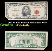 1963 $5 Red Seal United States Note Grades xf deta