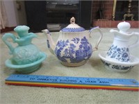 BLUE WILLOW TEAPOT & 2 AVON PITCHERS AND BOWLS
