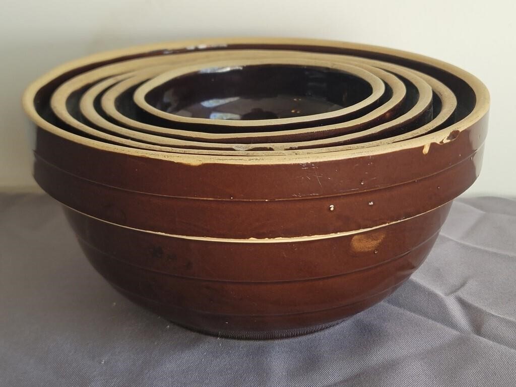 5 Brown Stoneware Mixing Bowls