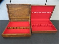 2 WOODEN FLATWARE CANTEENS W RED LINING