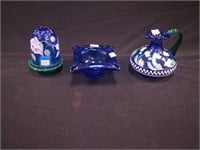 Three Fenton items: two have green accents