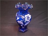 9 1/2" Fenton blue vase with handpainted flowers