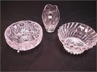 Three crystal items: two 9" serving bowls, one
