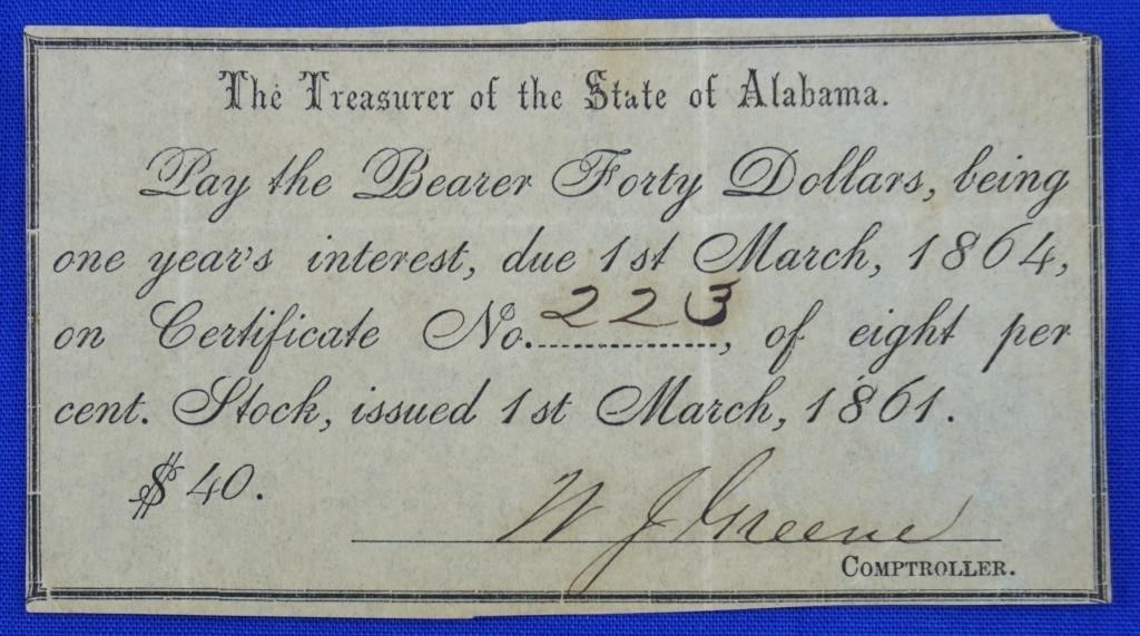1861 Alabama $40 Bond Coupon