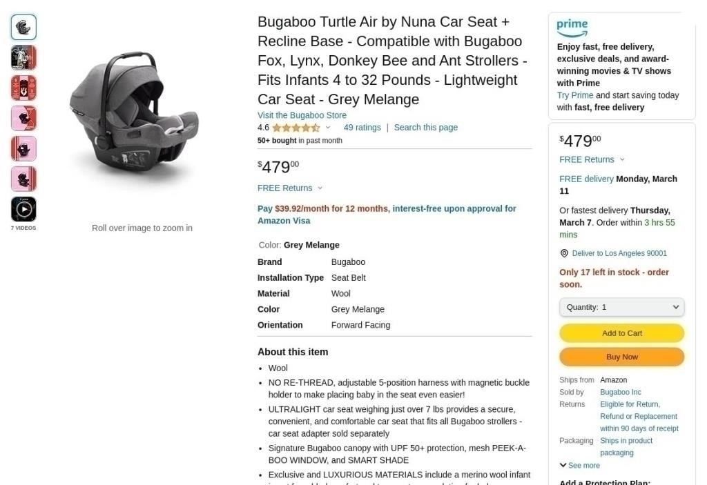 W7172  Bugaboo Turtle Air Car Seat