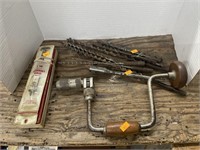 Antique hand drill, drill bits , Irwin lock head