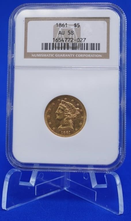 1861 $5 Gold NGC Graded AU-58 3% B.P.