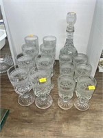 Vintage clear glass decanter and drinking glass