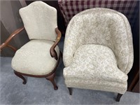 Upholstered arm chair and barrel back chair