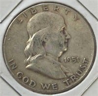 Silver 1951 Ben Franklin half dollar