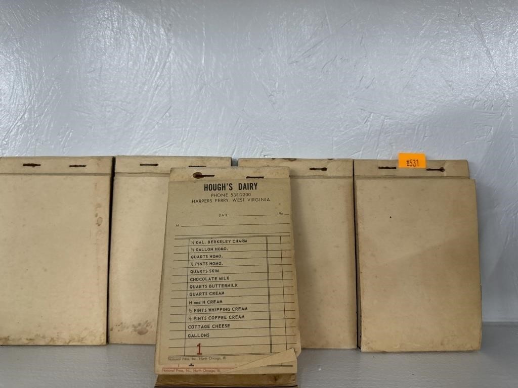 5 Houghs Dairy receipt books, Harpers Ferry, WV,