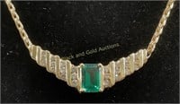 Marked 14K Yellow Gold, Emerald & Diamond Necklace