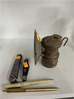 Antique carbide lantern, knives, pens