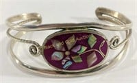 Unmarked Sterling Silver Magenta & Abalone Cuff