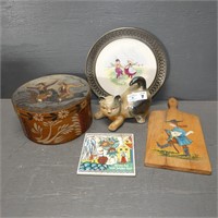 Hand Painted Cheese Box, Ceramic Cat, Plate -Etc