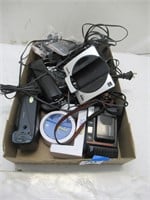 assorted vintage cameras, clock, home phones