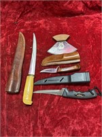 Lot Of 4 Knives With Sheaths Rapala + Western ++