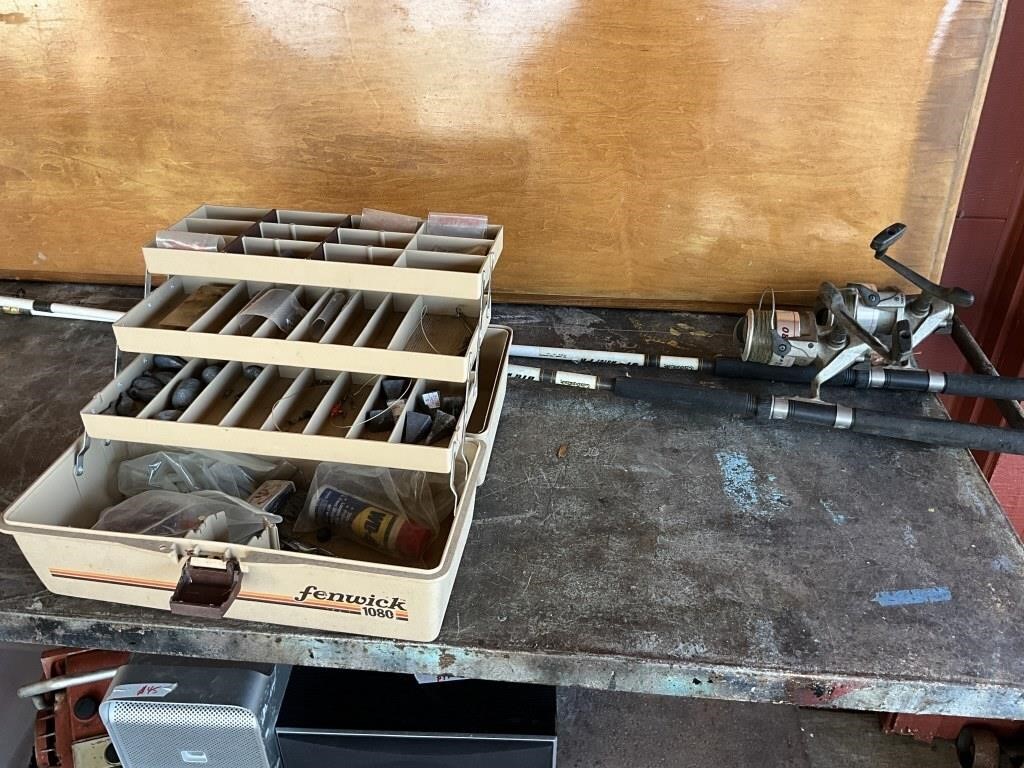 Pair Cabelas Fishing Rods + Reels + Tackle Box