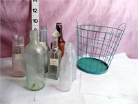 Metal Basket with 7 Antique Bottles