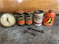 Lot Vintage Tins + Clock + Skelton Keys