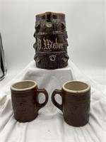 Tree Stump Stoneware Pitcher & Two Mugs