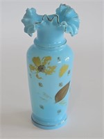 HANDBLOWN VTG GLASS VASE AND HAND PAINTED-FLORAL