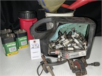 COLLECTION OF SPARK PLUGS, FUNNELS & 6V BATTERIES