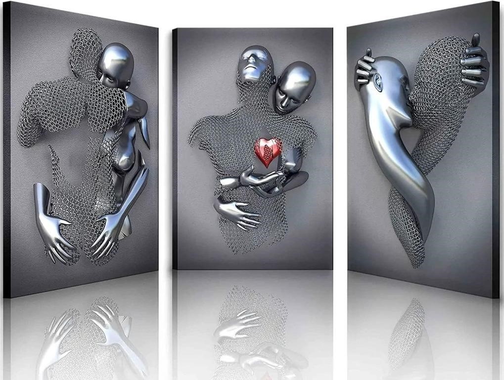 3D Love Heart Metal Sculpture Canvas Art  Framed -