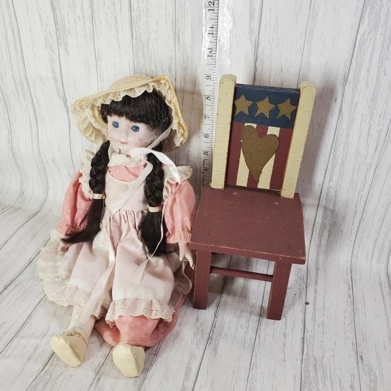 Vintage Porcelain Doll & American Decor Chair