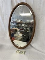 Antique Oak Wood Frame Oval Beveled Mirror