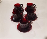 Cranberry Glass - Cup & Saucer x5