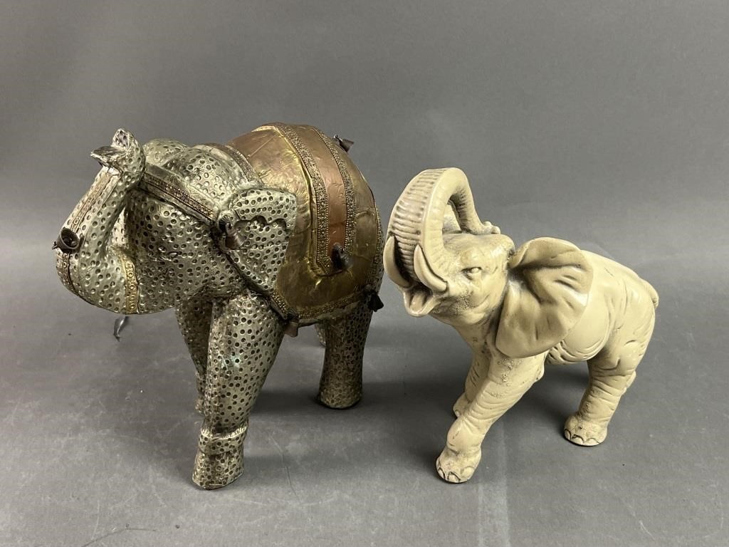 2 Elephant Statues One Vintage Marwal Chalkware