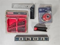 Lot of Tools: Drill Bits, Square, Wire Brush, etc